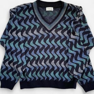Vintage Protege by Tag Retro V-Neck Sweater Black Gray Aqua Blue Wavy Geometric